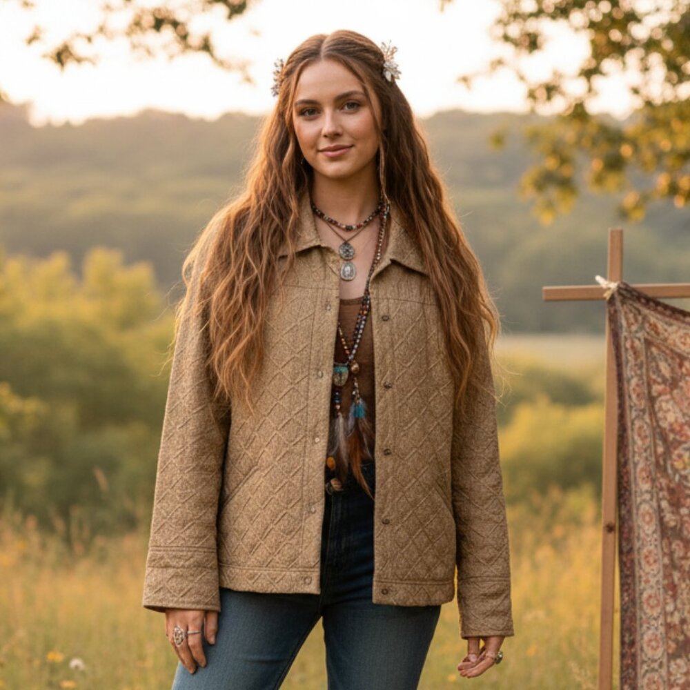 Requirements XL Jacket Blazer Tan Topstitch Earthy Hippie Cabin Rustic Boho